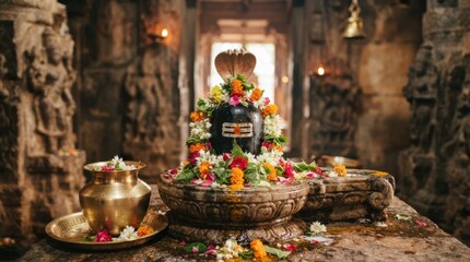 Fototapeta premium Hindu deity Shivalingam decorated with flowers in a traditional temple