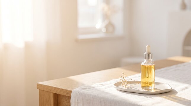 Japandi wellness aesthetic and holistic care visual: pristine cosmetic bottle and dried flower framed against a bright, airy warm-white backdrop.