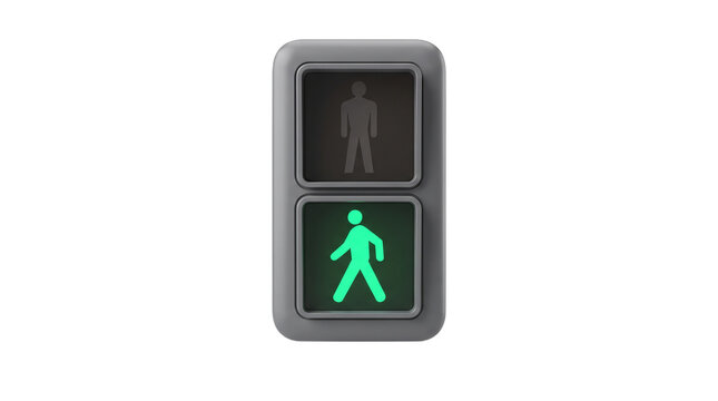 Pedestrian Crossing Signal with Green Walking Man Isolated, Grey Two Panel Crosswalk Traffic Light, Studio Front View of Walk Permission Symbol