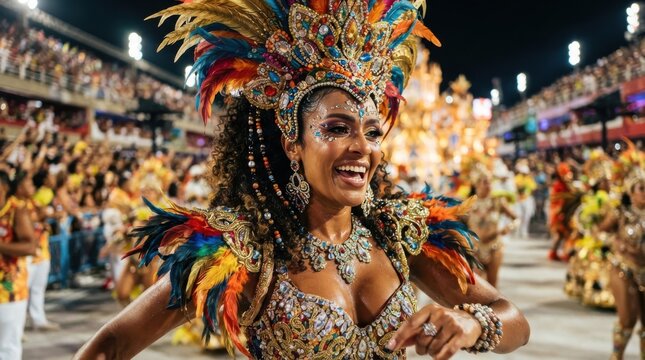 Woman in colorful feather costume dancing at a carnival parade