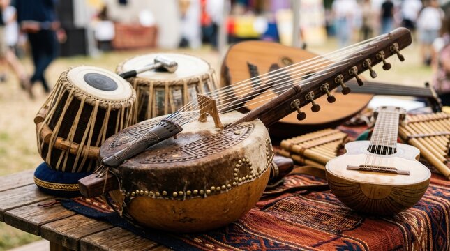 Collection of traditional ethnic musical instruments on a wooden table outdoors