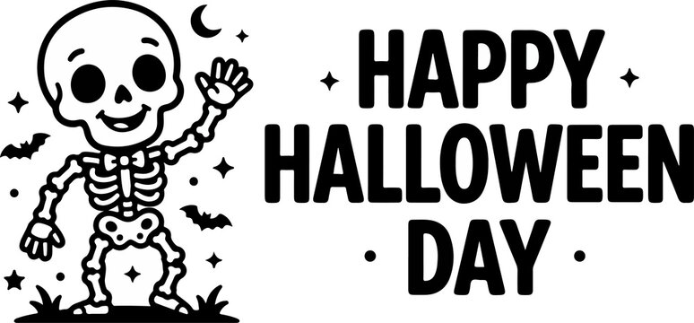 Happy Halloween Day line art vector banner featuring a cute smiling skeleton waving hello, surrounded by bats, stars, and moon.
