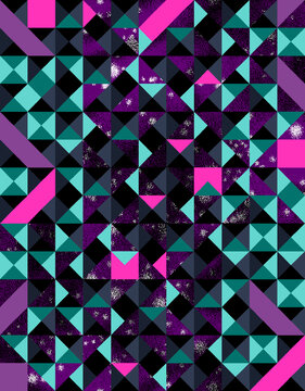 Abstract geometric pattern with pink and black triangles and stars seamless background