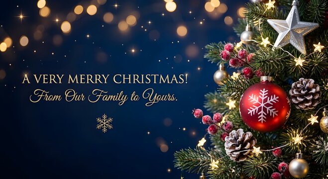 Merry Christmas greeting card banner with decorated Christmas tree red snowflake bauble and golden bokeh on dark blue background for family holiday celebration