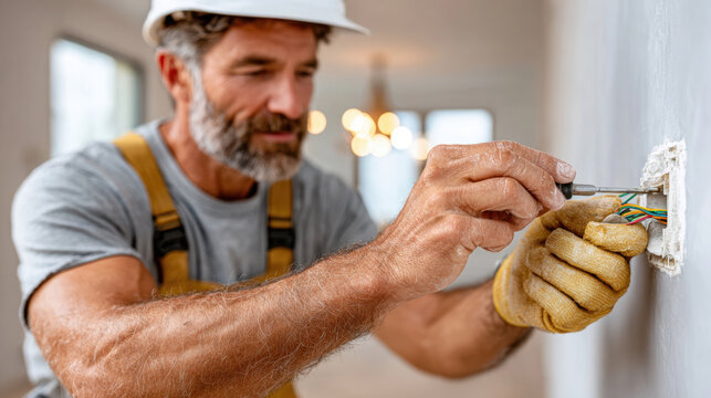 Electrician installing wiring in a corridor switch for residential renovation and electrical maintenance background and banner use
