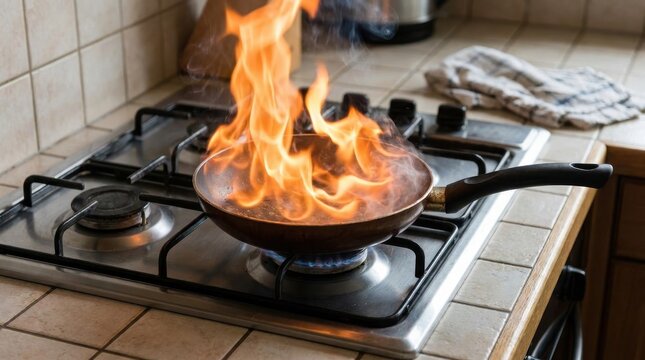 Frying pan on fire on a gas stove in a kitchen