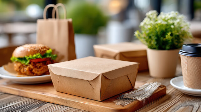 Closed kraft takeout food box on wooden counter with burger coffee and paper bag for restaurant menu background and packaging mockup