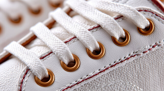 Macro close up of sneaker eyelets and white laces on textured leather upper for footwear detail shot, quality inspection, product listing photography and ecommerce presentation