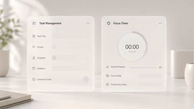 Minimalist White Glassmorphism Task Management and Focus Timer Productivity UI UX Kit