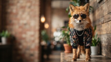 Naklejka premium Cool red fox wearing sunglasses and fashionable jacket in a stylish interior