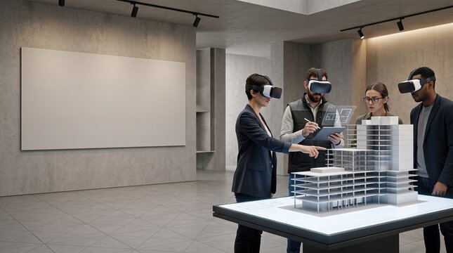 Project team reviewing a virtual construction model together