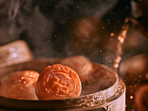 Mid-Autumn reunion cake macro close-up, giant mooncake cut open, geological strata texture with crust, lotus paste and glowing salted egg yolk like rising sun or moon, commercial asset for poster, pac