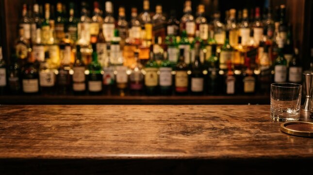 Empty rustic wooden bar counter with blurred bottles in background