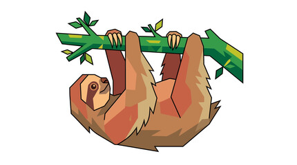 Naklejka premium Cute sloth hanging upside down from a green tree branch isolated on white background flat geometric animal vector illustration design