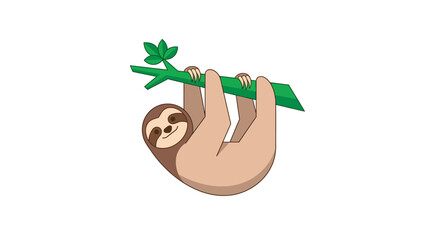 Naklejka premium Cute Cartoon Sloth Hanging Upside Down from a Green Tree Branch in a Tropical Jungle Setting, Isolated on White Background Vector Illustration