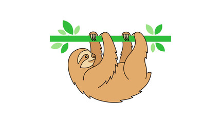 Naklejka premium Cute cartoon sloth hanging upside down from a green tree branch with leaves vector illustration isolated on white background
