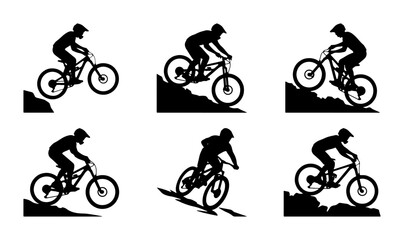 Naklejka premium Mountain Bike Silhouettes, Extreme Sports Cyclists, Downhill Riding Action, Vector Set