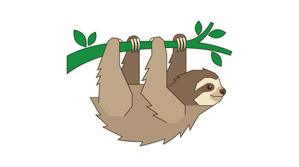 Naklejka premium Vector illustration of a cute brown sloth hanging upside down from a green leafy tree branch isolated on a white background clip art design