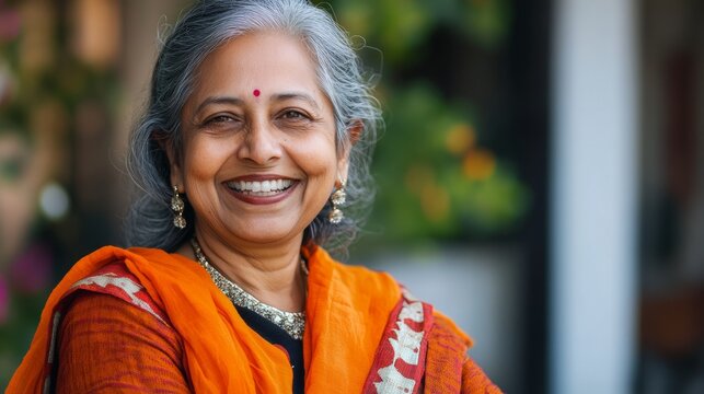 Smiling woman with gray hair wearing traditional orange attire and jewelry, poses outdoors with greenery in the background, radiating warmth and cultural heritage