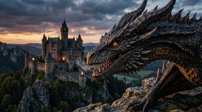 Black dragon perched on rocky mountain cliff overlooking a medieval castle
