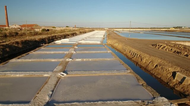 Natural salt production in the traditional salt pans of tavira, portugal, where seawater slowly evaporates under the warm sun, leaving behind pure mineral rich sea salt in geometric pools