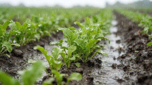Fresh green leafy crops growing in rows on a farm field during heavy rainfall