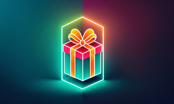 bright fluorescent glowing colorful neon light gift box with a ribbon bow inside an illuminated geometric hexagon shape outline against a dark smooth wall surface