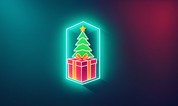 bright neon light outline of a green christmas tree on top of a red gift box within a glowing hexagonal border over a dark teal and magenta gradient