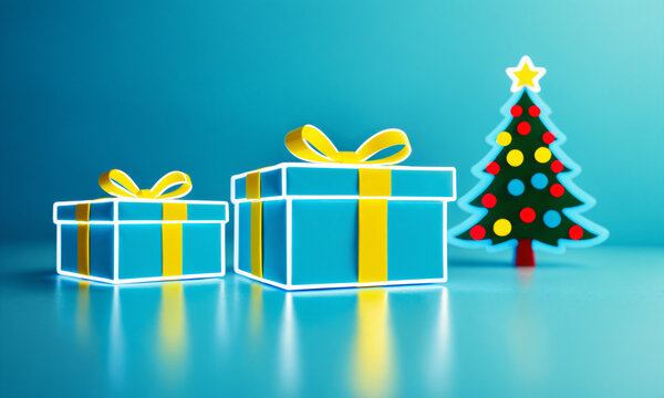 two bright blue neon gift boxes with yellow glowing ribbons on a smooth blue surface next to a flat illuminated christmas tree decoration with colorful lights.