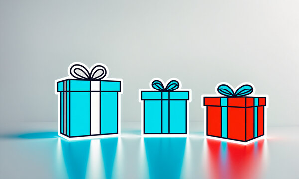 three colorful wrapped gift boxes with dark lines and tied ribbons placed on a reflective bright floor with vibrant cyan and red luminous color reflections