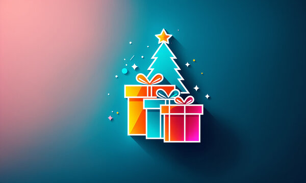 three brightly colored wrapped gift boxes with ribbons and bows arranged in front of a green christmas tree with a yellow star floating over a dark blue and magenta gradient