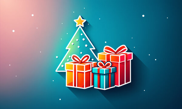 three wrapped gift boxes with ribbons and bows grouped together in front of a green christmas tree with a yellow star and white dots over a blue gradient