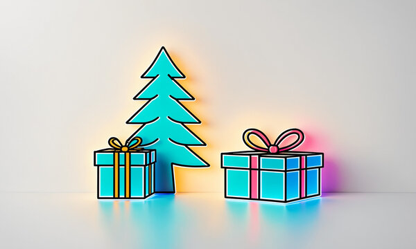 two bright cyan wrapped gift boxes with colorful ribbons and a cyan christmas tree with dark bold outlines on a reflective floor with luminous orange and blue reflections