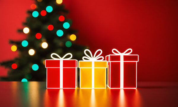 three bright illuminated neon gift boxes with red and yellow glowing outlines on a smooth reflective surface with an out of focus lit christmas tree and bokeh lights.