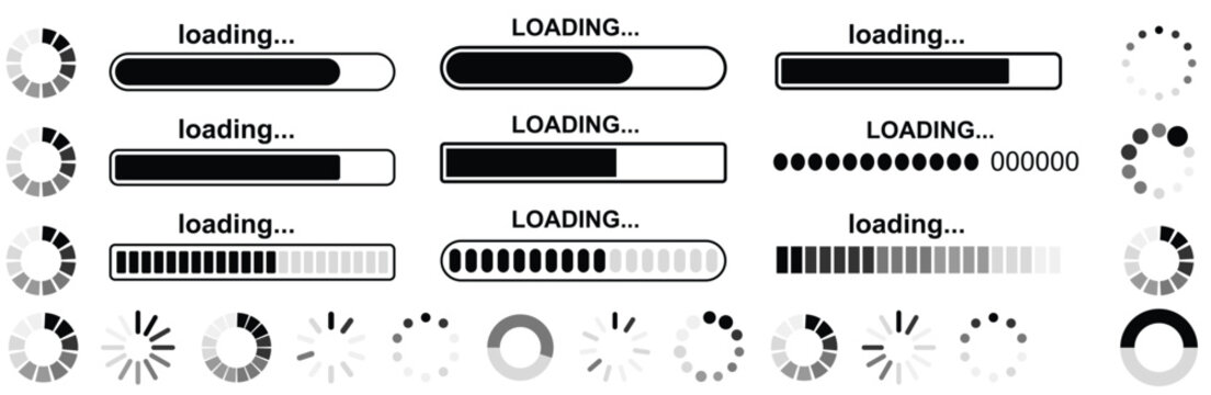 Loading Spinner and Progress Bar UI Collection with Multiple Circular Preloader Styles, Dotted Animations, Striped Bars and Loading Text Elements Editable EPS Vector Illustration

