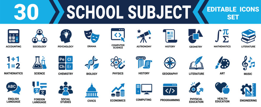 Set of thirty school subject icons featuring science math art geography and history educational symbols Minimal solid fill icon set bundle collection. Editable Vector Illustration Mega pack