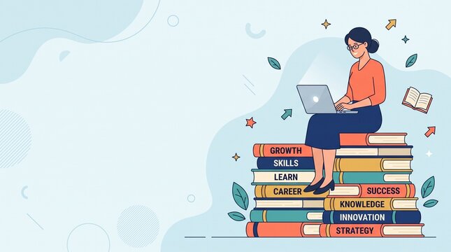 Professional woman sitting on a large stack of educational books while working on her portable laptop in this flat vector illustration depicting continuous learning growth career success and digital i