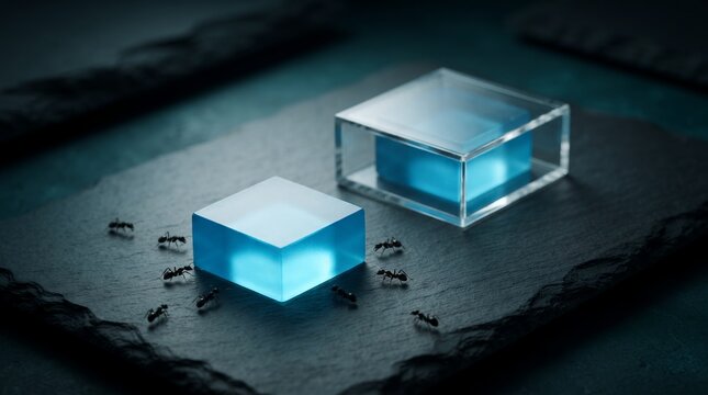 Several ants swarm around a glowing blue cube placed on a dark stone surface.