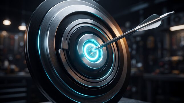 A sharp metal arrow pierces a futuristic, glowing cyan bullseye on a dark circular target.