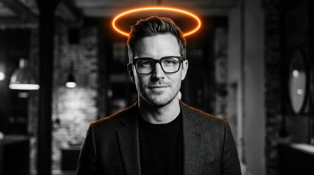 Man with glowing orange halo above his head in black and white portrait