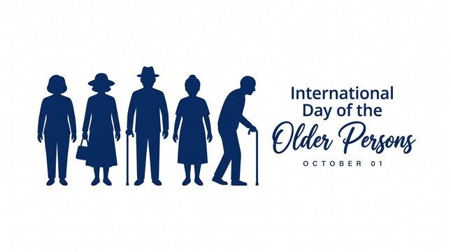 Silhouette group of elderly people standing together for International Day of the Older Persons celebration featuring dark blue minimalist graphic design on a clean white background for modern creativ