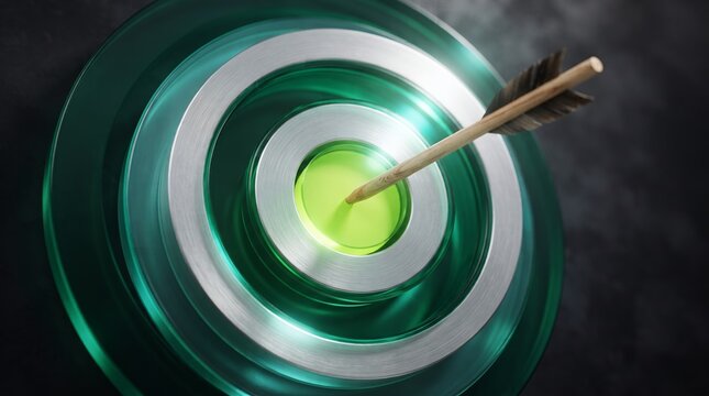 A modern target with glowing green rings and a bright lime-green bullseye is hit perfectly by a wooden arrow.