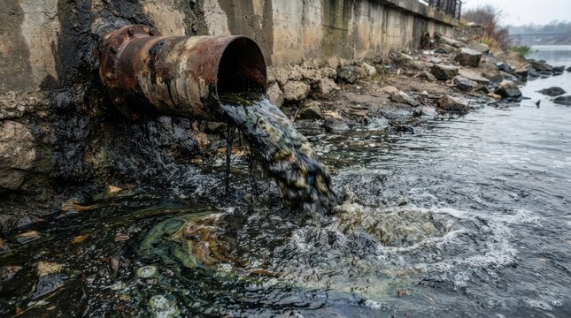 Industrial wastewater discharge polluting a river from a rusty pipe