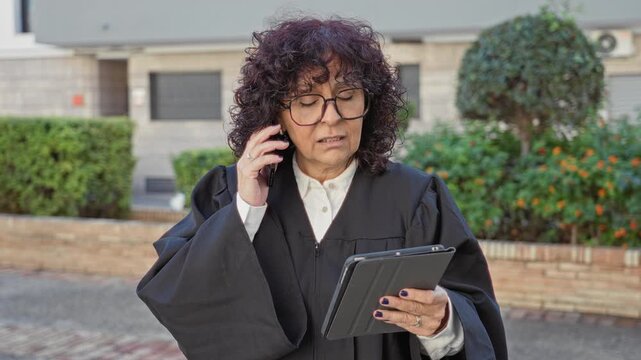 Woman judge holding tablet and smartphone, hand to ear while reading screen outside a building wearing black robe and glasses with a focused expression; concentration duty.