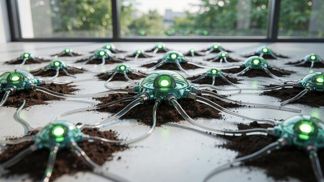 Grid of glowing green robotic pods with tentacles rooted in soil patches