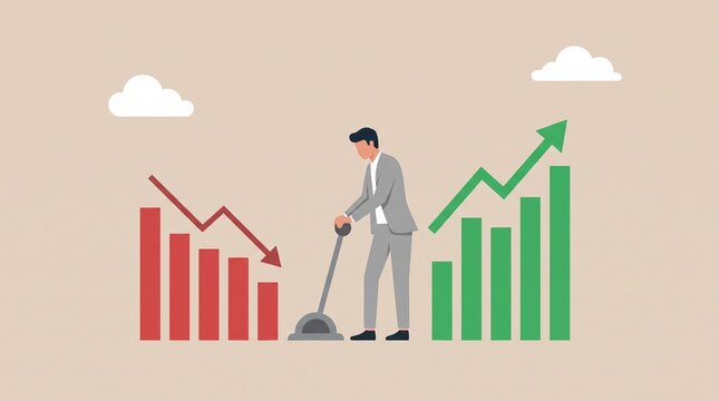 Professional businessman operating a complex financial switch to convert declining red market performance into massive green growth success using flat vector illustration style against simple light be