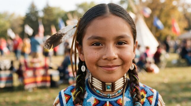 Young Indigenous girl smiling in traditional regalia at outdoor gathering