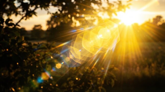 Bright sun flare and light rays breaking through tree branches at sunset