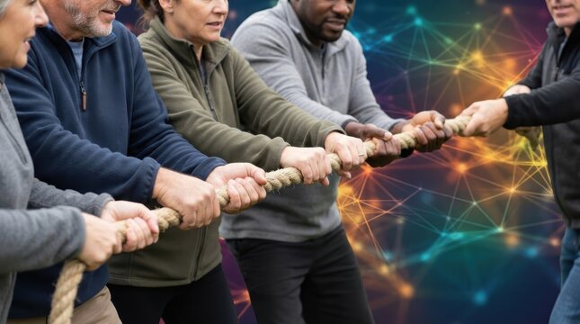 Diverse group of people pulling a rope together in teamwork