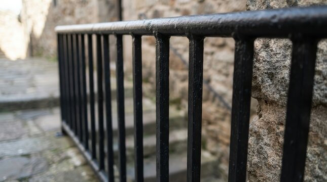 Black metal handrail along old stone steps outdoors